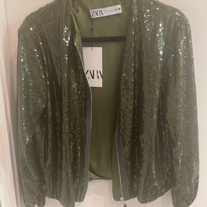 Emerald Elegance: Zara NWT Sequin Bomber Jacket in Size S